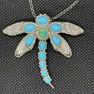 Exquisite Opal, SB Turquoise and Silver Dragonfly Pendant Necklace. 16-22”